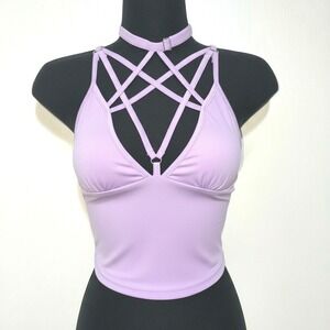 New XS Purple Pentagram Strappy V-Neck Crop Top Sleeveless Blouse Y2k Whimsygoth